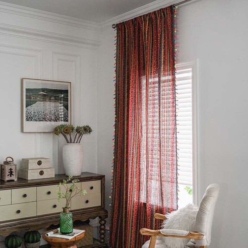 Red cotton linen curtains - cotton,