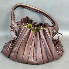 Lupo Brown Grained Leather Pleated Tote Shoulder Bag Whip Stitch detail KL/ EW