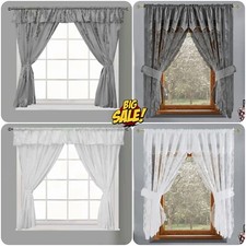 New Kitchen Curtain Window Curtain Net Set Rod Pocket Attached Valance Tiebacks 