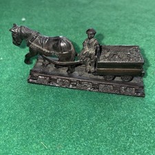 Vintage Heavy Cast Metal Model Of Miner With Horse Drawn Truck On Rails
