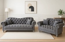 Luxury Elegance 3 + 2 Seater Chesterfield Sofa Grey Plush Velvet Setee