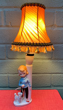 Vintage 50s 60s ceramic table lamp poodle girl + chiffon shade rockabilly kitsch