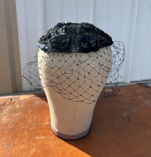 1920s Black Sequin Cocktail Vintage Hat with Lace Veil
