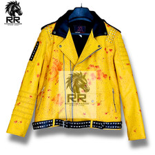 Men's Punk yellow  Leather Jacket - Studded Gothic Motorcycle Biker Coat