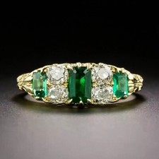 Victorian 0.42 CT Green Emerald & Lab Created Diamond 925 Siver Engagement Ring
