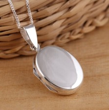925 Sterling Silver Oval Photo Locket Plain Pendant Necklace Chain Gift Boxed