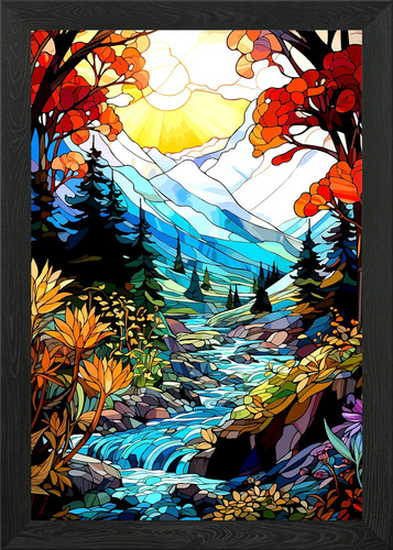 Stained glass mountain river - stained,