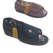 Ladies Wide Fit Slippers Embroidered Open Toe Touch Fastening Strap Shoe Size