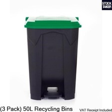 3 Pack) 50L GPC Recycling Grey Pedal Bin Green Lid 50 Litre Rubbish Waste Office