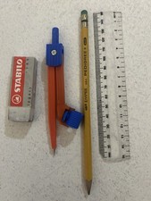 Red plastic Compass  6” Ruler Pencil And A Stability Eraser