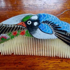 vintage mid century Japanese blue gird painted celluloid hair comb -371