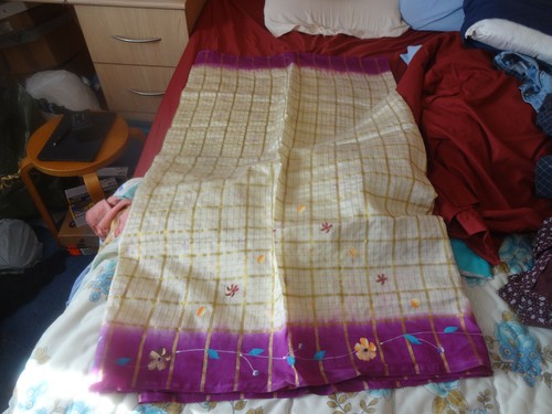 Cream saree with - , squares