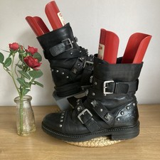 Ladies Carvela Sander Black Leather Biker Boots Studded Straps Faceted Gems 7/40