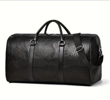 Crocodile-Textured Leather Duffel Bag Retro Travel Luggage Tote Men Women