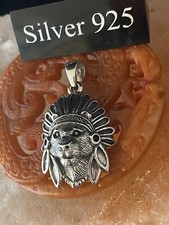 Silver Lionesses Head In Indian Headdress Pendant On Silver Chain