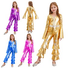 UK Girls Retro Disco Dance Jumpsuit Shiny Metallic Long Sleeve Bodysuit Party