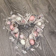 Easter Egg Heart Shaped Wreathe Hanging Flowers Wood Twig Shabby Chic Pink
