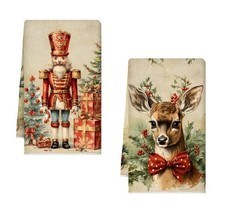 2pcs Christmas Nutcracker & Reindeer Print Kitchen Towels Microfiber Dish hand