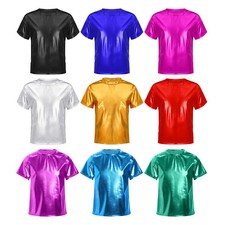 Kids Boys Girls Shiny Metallic T-Shirt Round Neck Short Sleeve Dance Top UK