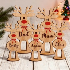 Personalised Wood Reindeer Table Place Name Settings Family Christmas Decoration