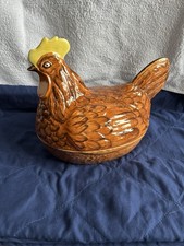 Vintage Ceramic Brown Retro Hen Chicken On Nest Egg Basket Holder Storage