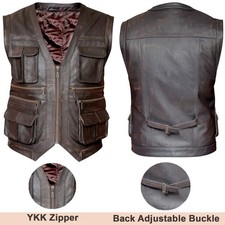 MEN'S HUNTER BIKER WAISTCOAT REAL BROWN LEATHER VINTAGE MOTORCYCLE FASHION