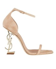 Saint Laurent £1200 Beige suede Opyum sandals with gold YSL heels Size 36 UK3