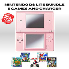 Nintendo DS Lite Pink Console Bundle Kit Stylus Charger Handheld System 5 Games
