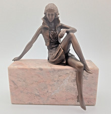 Baranite Art Deco Style Reproduction Bronze Lady Figurine on Marble Stone Plinth