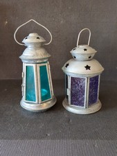 2 X PIERCED ALLOY TURQUOISE & PURPLE GLASS PANEL LANTERN TEALIGHT HOLDERS