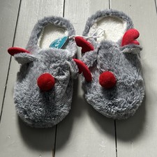 Novelty Rudolph Reindeer Slippers Size 36/37 Uk 3/4 Fluffy Grey Slip On New Xmas