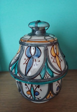 Vintage Moroccan hand-painted lidded jar with metal decoration