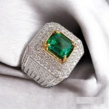 Syn Colombian Emerald & CZ Men's Ring 925 Sterling Silver Magnificent Joaillerie