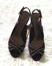 RAVEL PLATFORM STILETTO HEELS, PURPLE SUEDE, PEEP TOE, DECORATIVE GILT STUDS, SI