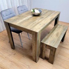 Rustic Dining Table Set with 2 Grey Velvet Chairs & Wooden Bench for 4