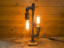 Industrial Table Lamp, Steampunk, Retro, Dual Edison Bulb, Antique Oak Base