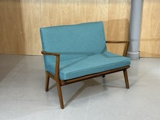 Mid Century 2 Seat Hall Sofa In Solid Teak Frame And Pure Wool Turquoise Fabric