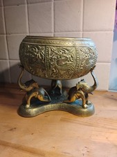 Vintage Brass Bowl On Three Elephant Legs, Heavy Base, Intricate Carvings