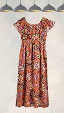 Ex Tu Clothing Women’s Floral Linen-Rich Bardot Ruffle Midi Dress in Orange