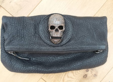 THOMAS WYLDE DESIGNER BLACK  LEATHER CLUTCH BAG DIAMANTE SKULL