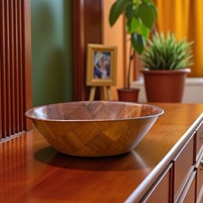 Vintage Parquet Wooden Salad Fruit Bowl 1970s 1980s Check Pattern 25cm Wide VGC