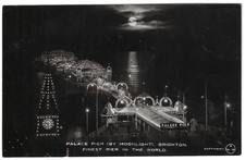 SUSSEX - BRIGHTON, PALACE PIER BY MOONLIGHT 1924 Real Photo Postcard