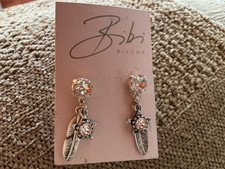 Bibi Bijoux silver earings feather and stone design - New