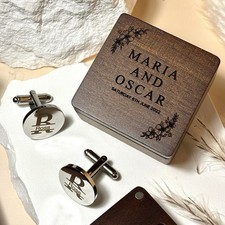 Personalised Cufflinks & Wooden Box, Custom Engraved Cufflinks, Gift For Him