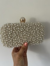 Brand New White And Gold Rounded Pearl Covered Bridal Clutch Bag Wedding