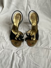 Vintage Christian Dior Sling Back Black Suede Sandals Golden Rose, Party Shoes