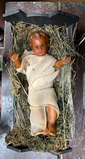 Antique 1900’s Baby Jesus Christmas Nativity Wax Figurine Doll In Wooden Crib