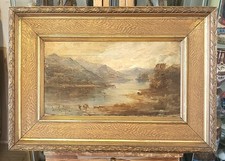 Antique Lochside Cottage with Rowing Boat Painting Embossed Gold Frame Signed 