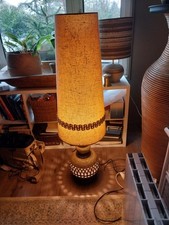 Mid Century Ceramic Floor Lamp with intricate cutouts and tall Hessian shade