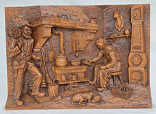 Vintage French C.A. Morand Carved Wood Effect Resin Plaque Rustic Folk Art